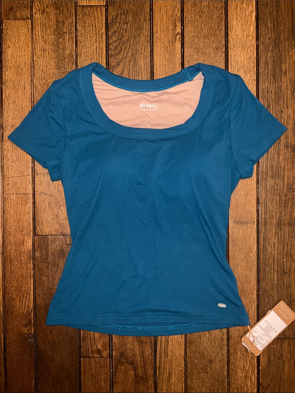 OGL Marine Teal Scoop Neck Short Sleeve Tee Built In Bra Top Size Medium NWT